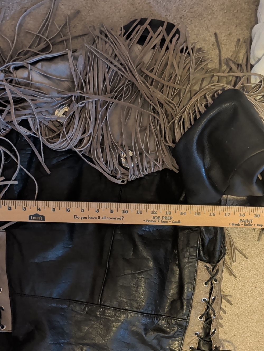 Two-Tone Fringed Leather Moto Jacket in Gray and Black - Picture 9 of 10